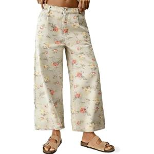 image:imagechouyatou Womens Boho Y2K Floral Jeans Baggy Wide Leg Cropped Jeans Boyfriend Denim Ankle PantIvory