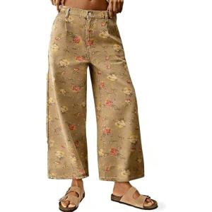 image:imagechouyatou Womens Boho Y2K Floral Jeans Baggy Wide Leg Cropped Jeans Boyfriend Denim Ankle PantKhaki