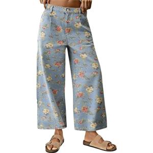 image:imagechouyatou Womens Boho Y2K Floral Jeans Baggy Wide Leg Cropped Jeans Boyfriend Denim Ankle PantLight Blue