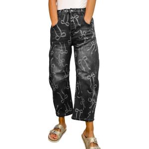 image:imagechouyatou Womens Bow Print Mid Rise Barrel Jeans Wide Leg Baggy Loose Y2k Boyfriend Denim Pants JeansBlack