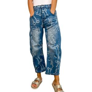 image:imagechouyatou Womens Bow Print Mid Rise Barrel Jeans Wide Leg Baggy Loose Y2k Boyfriend Denim Pants JeansBlue