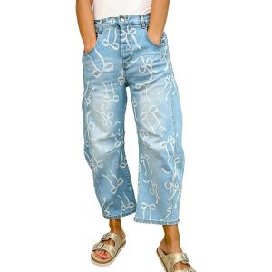 image:imagechouyatou Womens Bow Print Mid Rise Barrel Jeans Wide Leg Baggy Loose Y2k Boyfriend Denim Pants JeansLight Blue
