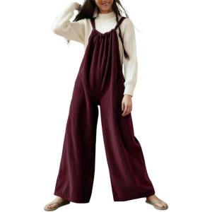 image:imagechouyatou Womens Boyfriend Baggy Corduroy Overalls Adjustable Strap Wide Leg Jumpsuit Pants with PocketsBurgundy