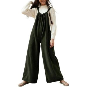 image:imagechouyatou Womens Boyfriend Baggy Corduroy Overalls Adjustable Strap Wide Leg Jumpsuit Pants with PocketsGreen