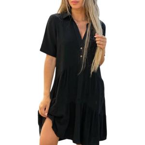 image:imagechouyatou Womens Button Up Polo Collared Cotton Linen Loose Dress Short Sleeve Ruffle Babydoll Tunic Mini DressBlack
