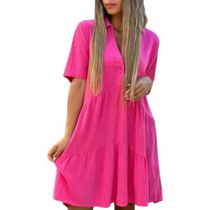 image:imagechouyatou Womens Button Up Polo Collared Cotton Linen Loose Dress Short Sleeve Ruffle Babydoll Tunic Mini DressRose Red