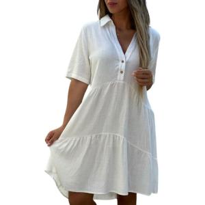image:imagechouyatou Womens Button Up Polo Collared Cotton Linen Loose Dress Short Sleeve Ruffle Babydoll Tunic Mini DressWhite