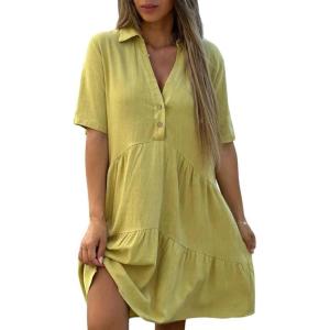 image:imagechouyatou Womens Button Up Polo Collared Cotton Linen Loose Dress Short Sleeve Ruffle Babydoll Tunic Mini DressYellow Green