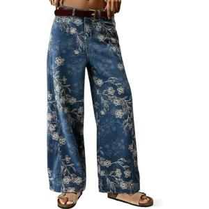 image:imagechouyatou Womens Casual Floral Printed Jeans Baggy Y2K Wide Leg Jeans Boyfriend Denim Ankle PantsBlue