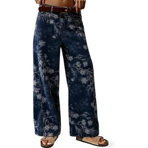 image:imagechouyatou Womens Casual Floral Printed Jeans Baggy Y2K Wide Leg Jeans Boyfriend Denim Ankle PantsDark Blue