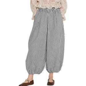 image:imagechouyatou Womens Casual Striped Cotton Capri Pants Wide Leg Elastic Waist Palazzo Harem PantsBlack