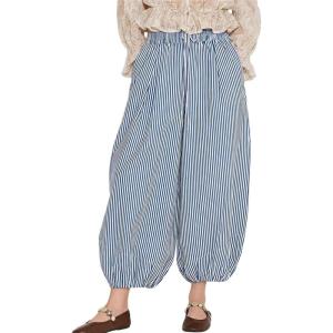 image:imagechouyatou Womens Casual Striped Cotton Capri Pants Wide Leg Elastic Waist Palazzo Harem PantsBlue