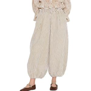 image:imagechouyatou Womens Casual Striped Cotton Capri Pants Wide Leg Elastic Waist Palazzo Harem PantsKhaki