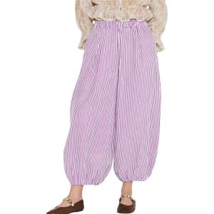 image:imagechouyatou Womens Casual Striped Cotton Capri Pants Wide Leg Elastic Waist Palazzo Harem PantsPurple