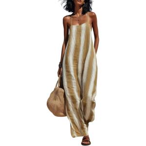 image:imagechouyatou Womens Casual Striped Wide Leg Overalls Boho Hippie Baggy Jumpsuit Loose Fit Flowy Romper Overall PantsKhaki