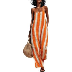 image:imagechouyatou Womens Casual Striped Wide Leg Overalls Boho Hippie Baggy Jumpsuit Loose Fit Flowy Romper Overall PantsOrange