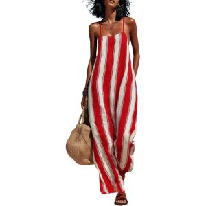 image:imagechouyatou Womens Casual Striped Wide Leg Overalls Boho Hippie Baggy Jumpsuit Loose Fit Flowy Romper Overall PantsRed