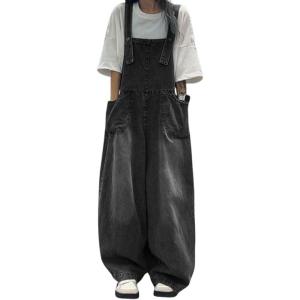 image:imagechouyatou Womens Distressed Baggy Denim Bib Overalls Adjustable Strap Loose Fit Jeans Overall Pants Wide Leg JumpsuitBlack Gray