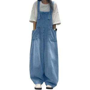 image:imagechouyatou Womens Distressed Baggy Denim Bib Overalls Adjustable Strap Loose Fit Jeans Overall Pants Wide Leg JumpsuitBlue