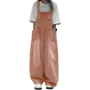 image:imagechouyatou Womens Distressed Baggy Denim Bib Overalls Adjustable Strap Loose Fit Jeans Overall Pants Wide Leg JumpsuitBrown