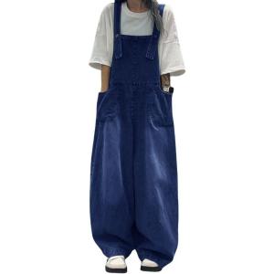 image:imagechouyatou Womens Distressed Baggy Denim Bib Overalls Adjustable Strap Loose Fit Jeans Overall Pants Wide Leg JumpsuitDark Blue