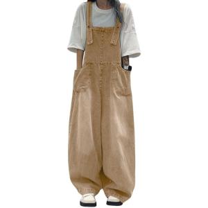 image:imagechouyatou Womens Distressed Baggy Denim Bib Overalls Adjustable Strap Loose Fit Jeans Overall Pants Wide Leg JumpsuitKhaki