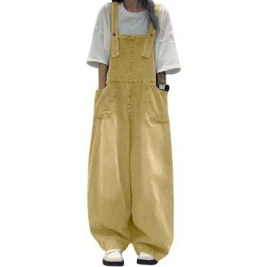image:imagechouyatou Womens Distressed Baggy Denim Bib Overalls Adjustable Strap Loose Fit Jeans Overall Pants Wide Leg JumpsuitYellow