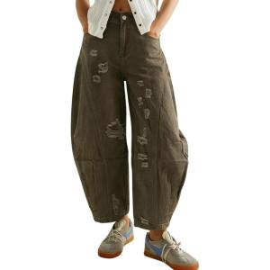 image:imagechouyatou Womens Distressed Barrel Jeans Y2K Camouflage Print Wide Leg Jeans High Waisted Denim Ankle PantsArmy Green