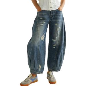 image:imagechouyatou Womens Distressed Barrel Jeans Y2K Camouflage Print Wide Leg Jeans High Waisted Denim Ankle PantsBlue