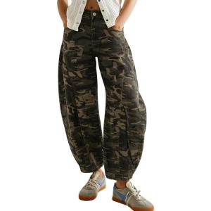 image:imagechouyatou Womens Distressed Barrel Jeans Y2K Camouflage Print Wide Leg Jeans High Waisted Denim Ankle PantsCamouflage