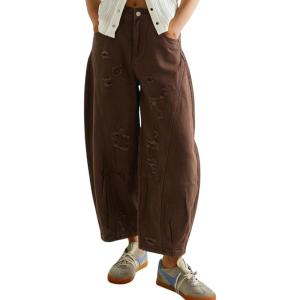 image:imagechouyatou Womens Distressed Barrel Jeans Y2K Camouflage Print Wide Leg Jeans High Waisted Denim Ankle PantsCoffee