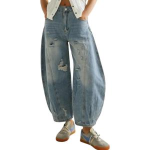 image:imagechouyatou Womens Distressed Barrel Jeans Y2K Camouflage Print Wide Leg Jeans High Waisted Denim Ankle PantsLight Blue