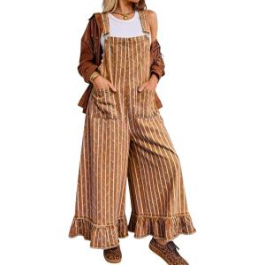 image:imagechouyatou Womens Distressed Striped Denim Overalls Jeans Boyfriend Y2K Ruffled Wide Leg Denim Pant JumpsuitsBrown