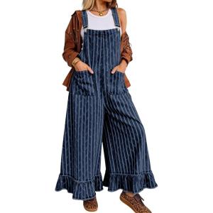 image:imagechouyatou Womens Distressed Striped Denim Overalls Jeans Boyfriend Y2K Ruffled Wide Leg Denim Pant JumpsuitsDark Blue
