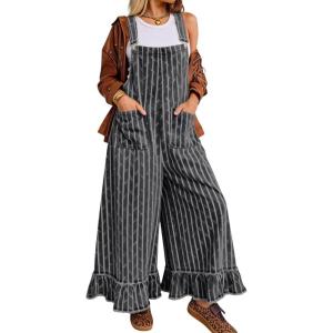 image:imagechouyatou Womens Distressed Striped Denim Overalls Jeans Boyfriend Y2K Ruffled Wide Leg Denim Pant JumpsuitsGrey