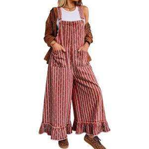 image:imagechouyatou Womens Distressed Striped Denim Overalls Jeans Boyfriend Y2K Ruffled Wide Leg Denim Pant JumpsuitsRed