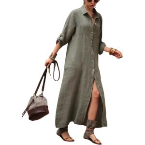 image:imagechouyatou Womens Elegant Pleated Button Down Maxi Shirt Dress Rolled Up Long Sleeve Loose Fit Tunic Shift Long DressArmy Green