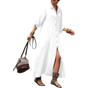 image:imagechouyatou Womens Elegant Pleated Button Down Maxi Shirt Dress Rolled Up Long Sleeve Loose Fit Tunic Shift Long DressWhite