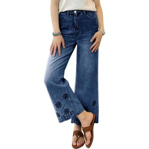 image:imagechouyatou Womens Eyelet Embroidery High Waisted Flared Straight Leg Jeans Y2k Loose Denim Cropped PantsDark Blue