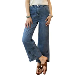 image:imagechouyatou Womens Eyelet Embroidery High Waisted Flared Straight Leg Jeans Y2k Loose Denim Cropped PantsRetro Blue