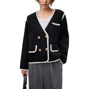 image:imagechouyatou Womens Fall VNeck Contrast Color Knit Cardigan Sweater Double Breasted Tweed Sweater BlazerBlack