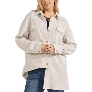 image:imagechouyatou Womens Fashion Drop Shoulder Button Up Sweatshirt Loose Oversized Waffle Knit Shirt Blouse ShacketApricot