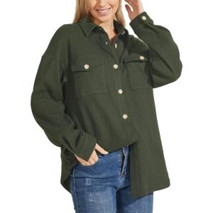 image:imagechouyatou Womens Fashion Drop Shoulder Button Up Sweatshirt Loose Oversized Waffle Knit Shirt Blouse ShacketArmy Green