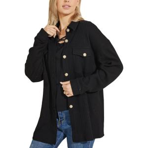 image:imagechouyatou Womens Fashion Drop Shoulder Button Up Sweatshirt Loose Oversized Waffle Knit Shirt Blouse ShacketBlack