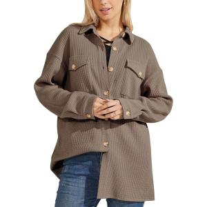 image:imagechouyatou Womens Fashion Drop Shoulder Button Up Sweatshirt Loose Oversized Waffle Knit Shirt Blouse ShacketCoffee