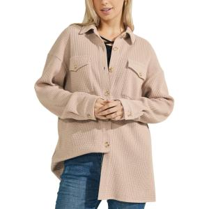 image:imagechouyatou Womens Fashion Drop Shoulder Button Up Sweatshirt Loose Oversized Waffle Knit Shirt Blouse ShacketKhaki