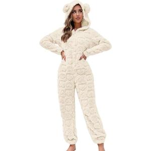 image:imagechouyatou Womens Furry Sherpa Onesie Pajamas Lounge Heart Jacquard One Piece Romper Cute Ear Hood JumpsuitBeige