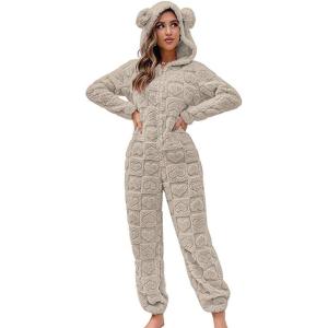 image:imagechouyatou Womens Furry Sherpa Onesie Pajamas Lounge Heart Jacquard One Piece Romper Cute Ear Hood JumpsuitKhaki