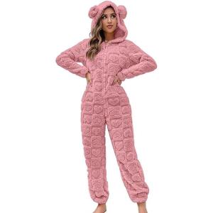image:imagechouyatou Womens Furry Sherpa Onesie Pajamas Lounge Heart Jacquard One Piece Romper Cute Ear Hood JumpsuitPink