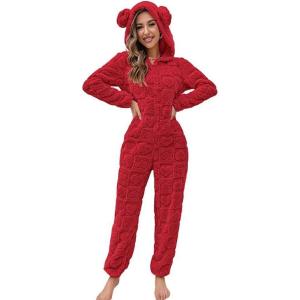 image:imagechouyatou Womens Furry Sherpa Onesie Pajamas Lounge Heart Jacquard One Piece Romper Cute Ear Hood JumpsuitRed